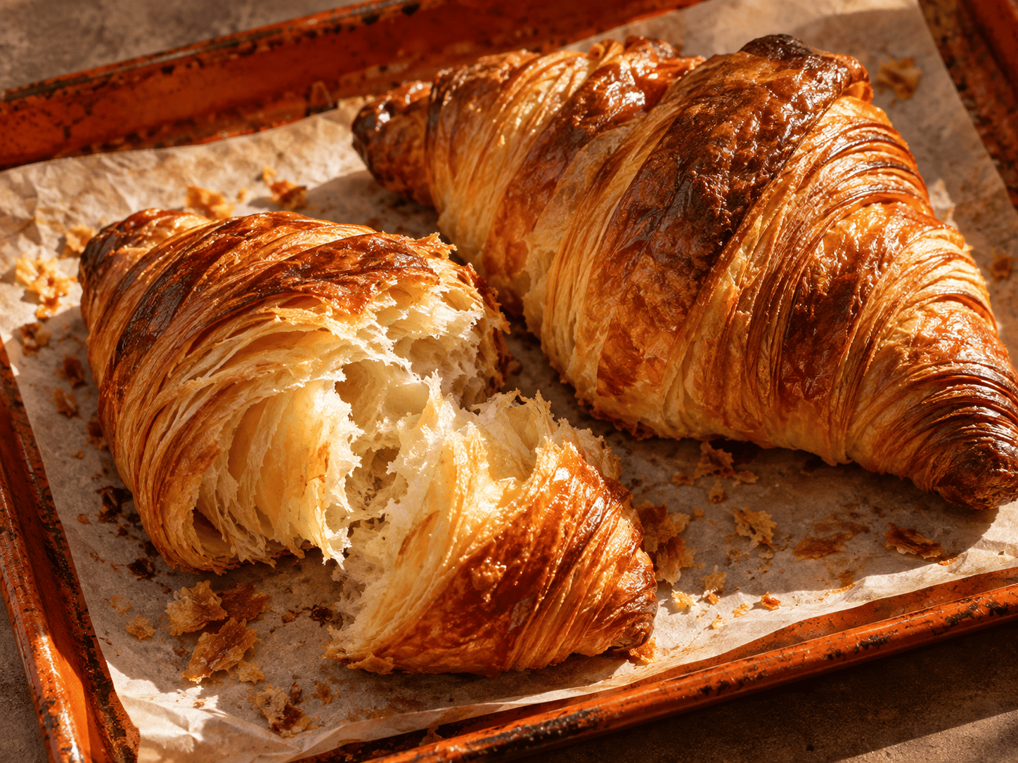 AI-created golden croissants on an orange bakery tray