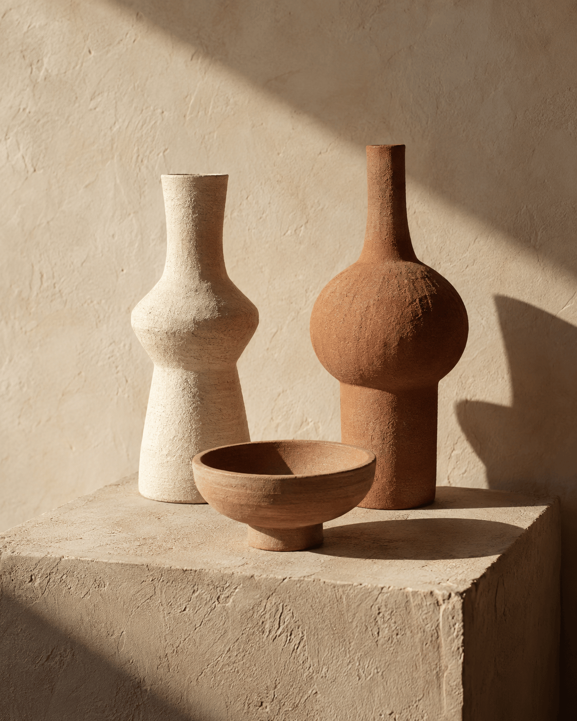 AI-created chalk and terracotta vessels in warm afternoon light