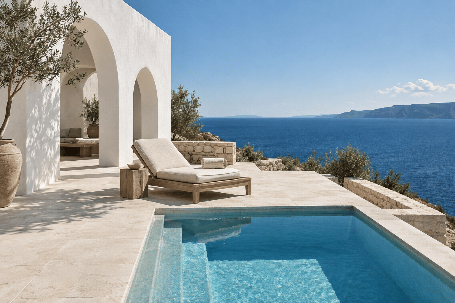 AI-created Aegean arches and a pool overlooking the sea